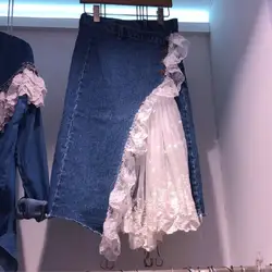 2019 Весна и лето элегантные женские юбки Кружева Сплайсированные a-образная юбка средней длины с высокой талией и джинсовой юбкой