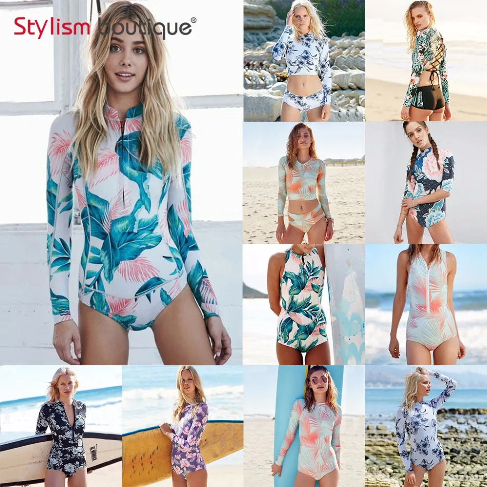 Cena 2019 długie rękawy wysypka straży Surf stroje kąpielowe kobiety Floral liść jednoczęściowy strój kąpielowy do nurkowania pływanie garnitur Rashguard Wetsuits