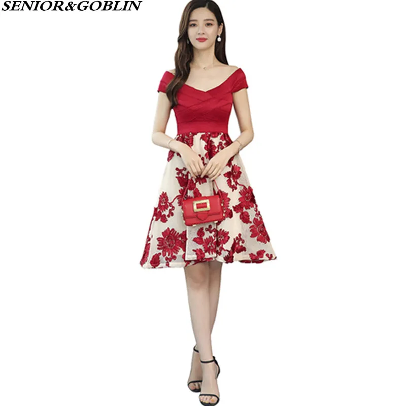 

2019 High Quality New Spring Summer Sexy Embroidery Patchwork Dress Women Vintage Casual Red Short Sleeve Mini Party Dressses