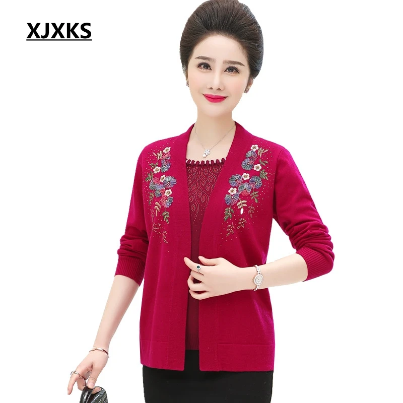 

XJXKS 2019 Autumn Winter Clothes Women Pull Femme Fake Two Pieces Long Sleeve Modis Middle-aged Womens Pullover Vintage Sweaters