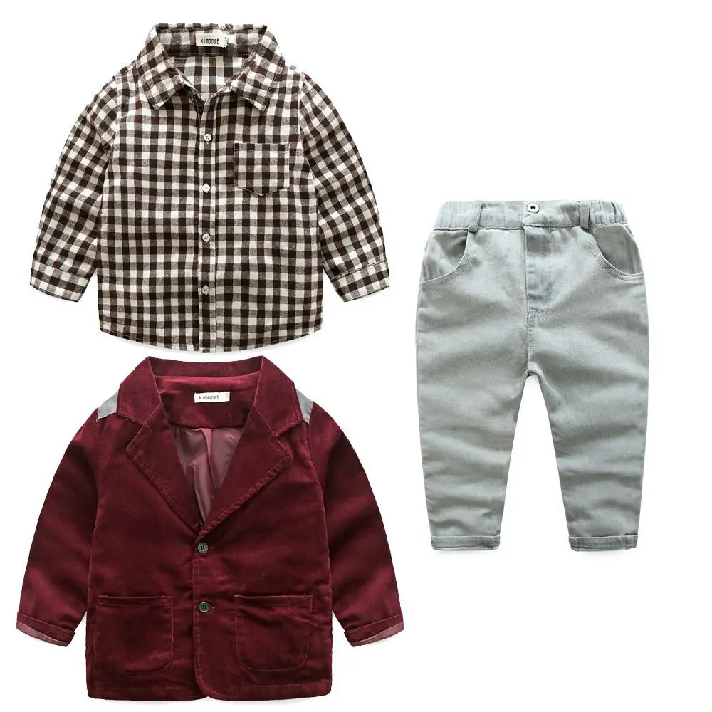 

Hurave Children INS Autumn plaid Blouses + jeans + outwear suits kids clothing boys boutique outfits baby coat pants clothes