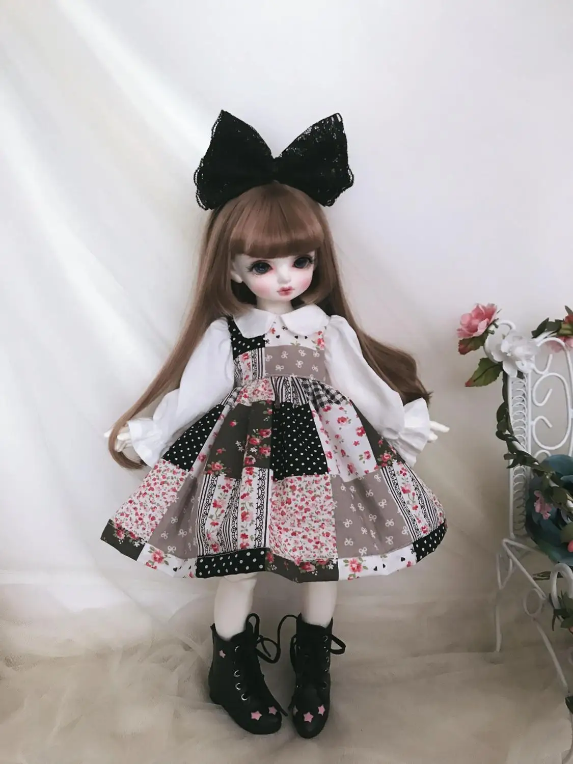 

Doll clothes 1/6 doll dress colorful dress with big hair band for 1/6 1/4 BJD SD doll accessories skirt+hair decoration