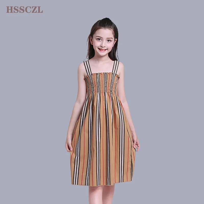 

HSSCZL 2019 New Brand girls dresses long summer sleeveless big girl Sling dress cotton kids party Slim fit stripe clothes 6-14Y