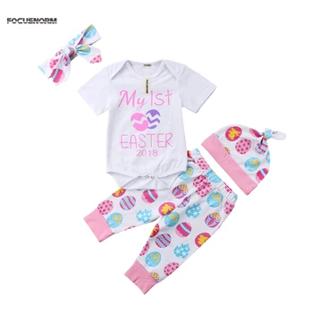 

My First Easter Eggs Cartoon 4Pcs Newborn Baby Girls Easter Romper Pant Legging Hat Outfits Set Clothes 0-24M