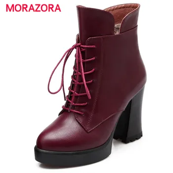 

MORAZORA 2018 new fashion autumn winter women boots cross tied super high heel ankle boots simple lace up round toe boots
