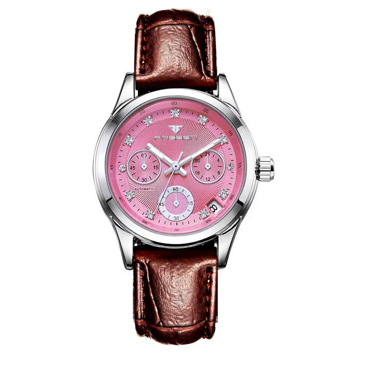 Дамская Мода Стразы Часы Для женщин автоматические механические Повседневные платья Для женщин s часы розового цвета с украшением в виде кристаллов Reloje Mujer Montre Femme - Цвет: leather pink