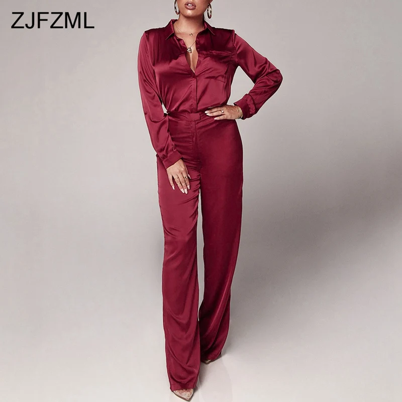 

Elegant Two Piece Tracksuits Women Clothes Long Sleeve Turn Down Collar T Shirt And Loose Wide Leg Pants Spring 2 Piece Outfits