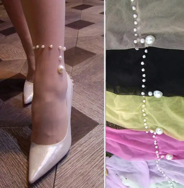 

Hot Sale Handmade Pearl stockings Pantyhose Tights Breathable Sheer Hosiery High Stockings For Woman Lady