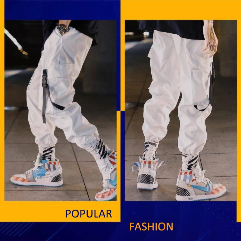 Hip hop Streetwear Men Harem Cargo Pants Korean Jogger Sweatpants Solid color Black White Ankle Length 3