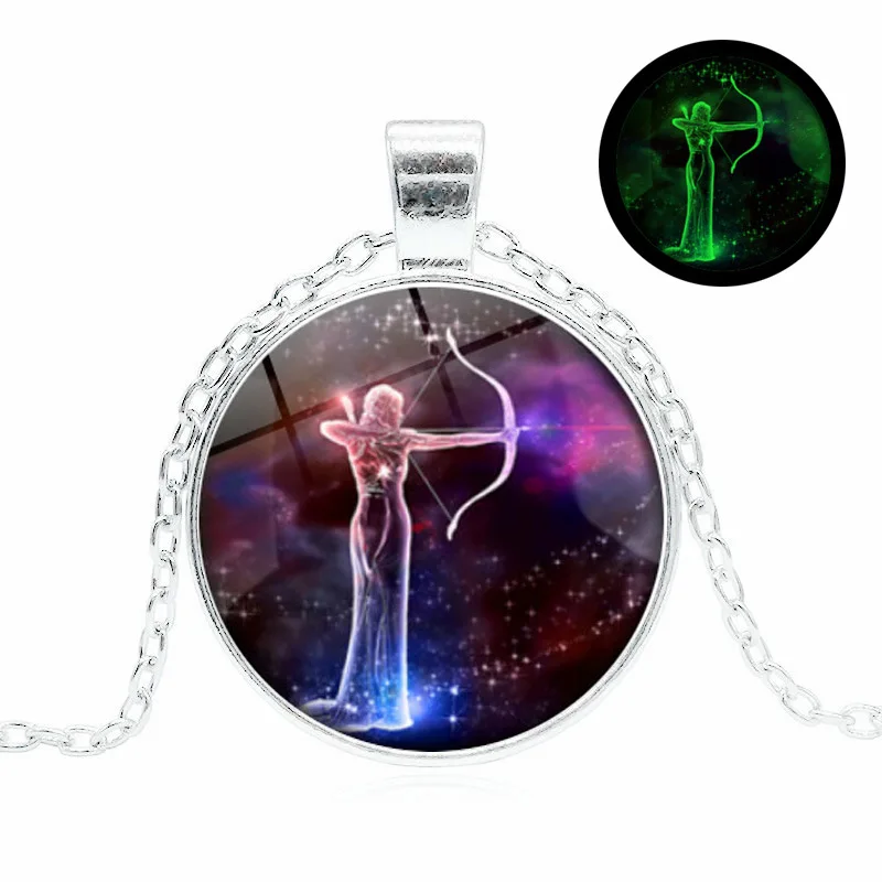 

Glow in the Dark Jewelry with Silver Color Glass Cabochon Zodiac Signs Libra Constellation Necklace Statement Necklace for Women