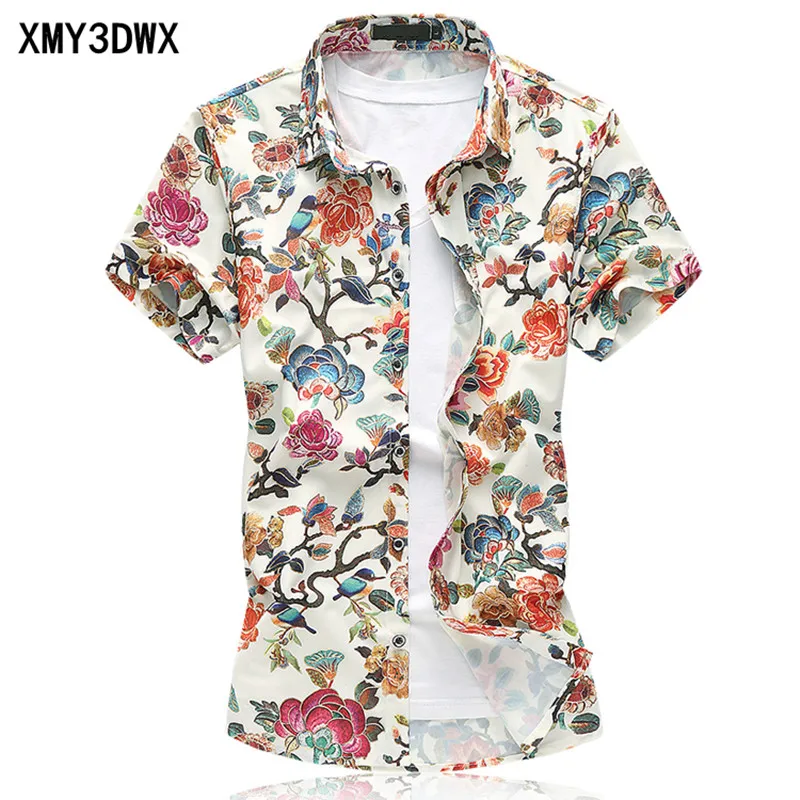 

2018 new Men's Short-sleeved Beach Shirt Fashion Floral Cotton Shirt Lapel Big Yards Elastic casual Man clothes Size 6XL 7XL