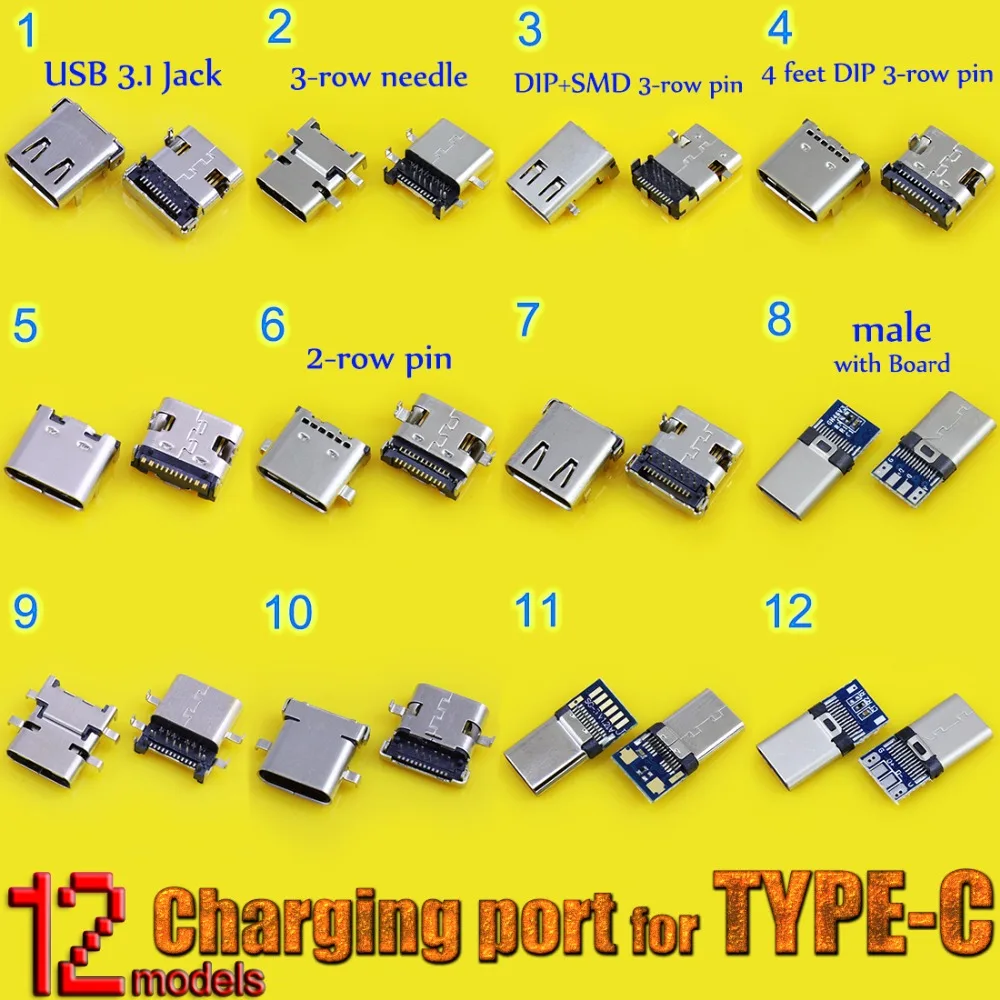 

12models High speed data interface micro 3.1 usb DIY Type-C USB 3.1 Type C mother Socket Connector Charge Dock port Plug