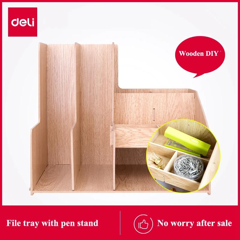 Deli DIY Wooden document tray Desk wood file tray with pen stands