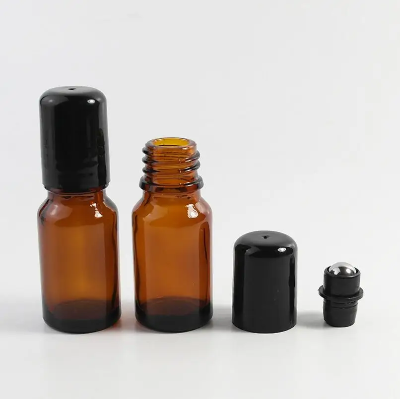 

10ML Brown Roll On Glass Bottle Empty Fragrance Perfume Essential Oil Bottle With Black Plastic Cap LX1044