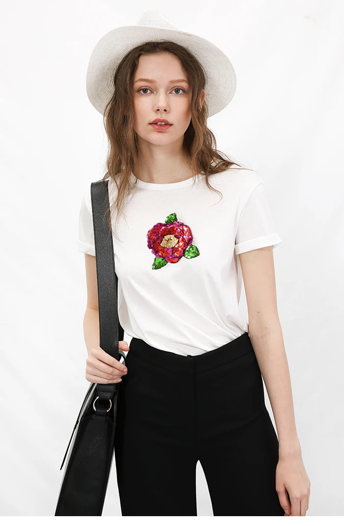 

2017 new brand spring summer fashion O-Neck loose sexy tee women top lips Flower rose sequins T-shirt Girl tops code