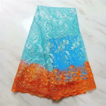

2019 Latest Popular Designs Sky blue color Fabric 5 Yards African Lace Fabric High Quality Nigeria beaded tulle lace fabric