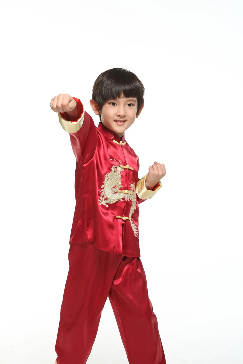 Топ+ штаны, комплект с длинным рукавом дракон Кунг-фу для мальчиков костюм, китайский, традиционный костюм для детей в стиле китайской династии Тан в народном стиле Костюмы для вечерние 89