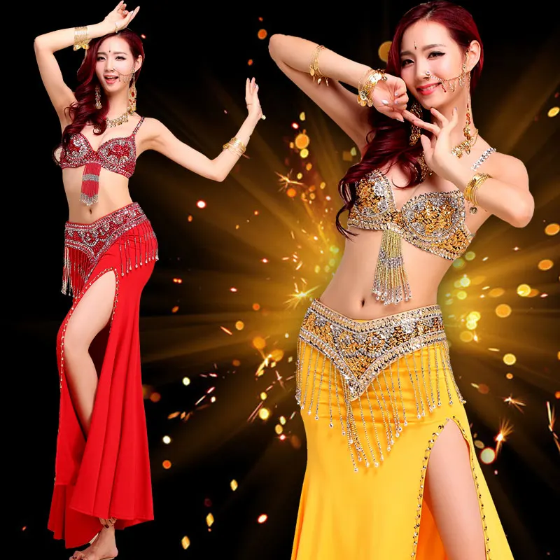 

High Grade Luxury Sexy Belly Dance Costume Set 3 pieces (Bra+Girdle+Skirt) Bollywood/Indian Dance Costumes Womens Dancewear