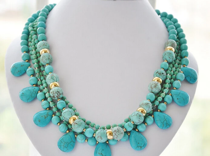 

huij 004336 5strands blue round / melon seeds turquoise bead NECKLACE