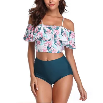 

HEFLASHOR Waist Sexy Women Ruffle Striped Bottom Set Bathing Suit Halter