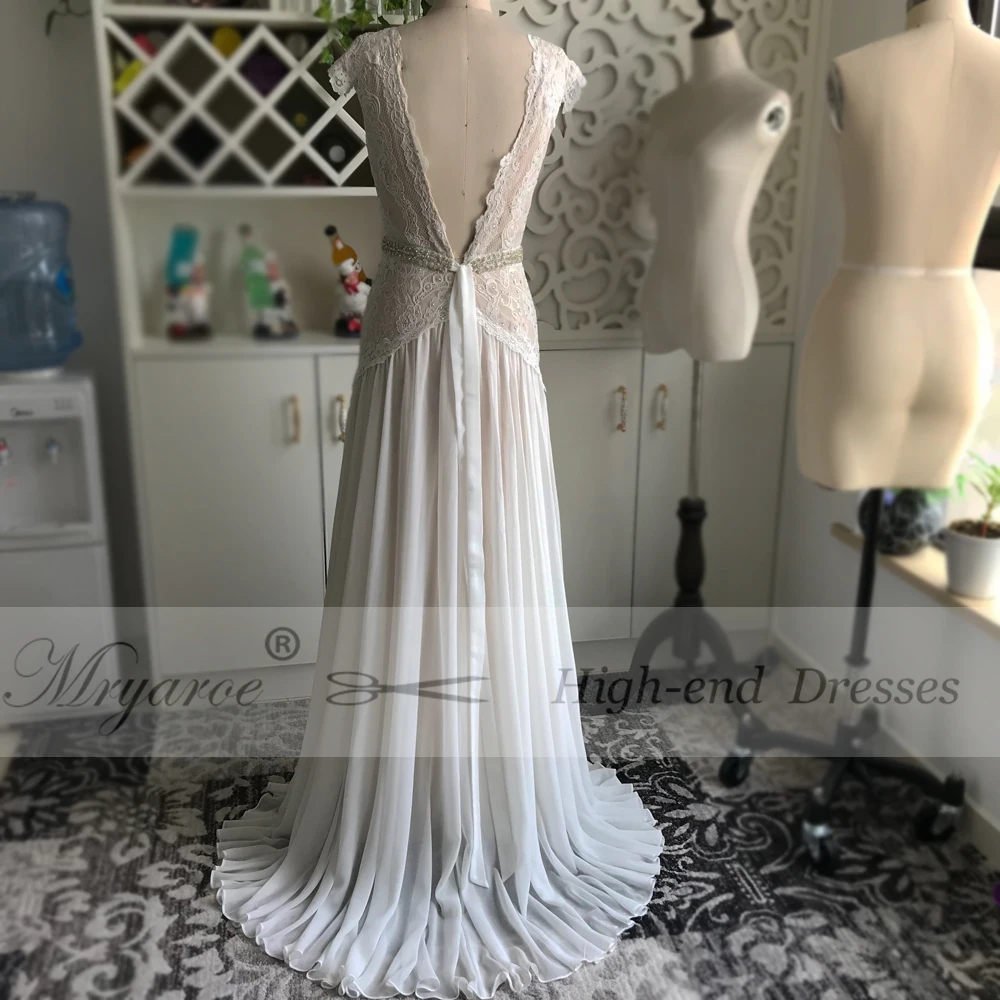 Mryarce Elegant V Neck Glitter Lace Open Back Wedding Dress Boho Chic Bridal Gowns With Rhinestone Belt  (7)