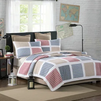 

Famvotar Brief Style Multi Color Striped Pattern Quilted Bedspread Set Shabby Ruffles Geometric Patchwork Cotton Quilt Set
