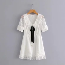 Элегантное белое кружевное платье с оборками винтажное мини-платье с короткими рукавами kawaii корейское модное Клубное вечернее платье повседневное vestidos