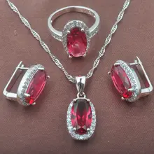 Великолепные женские наборы ювелирных изделий из серебра 925 пробы с красным камнем и цирконием, ожерелье, серьги, кольца, TZ0170