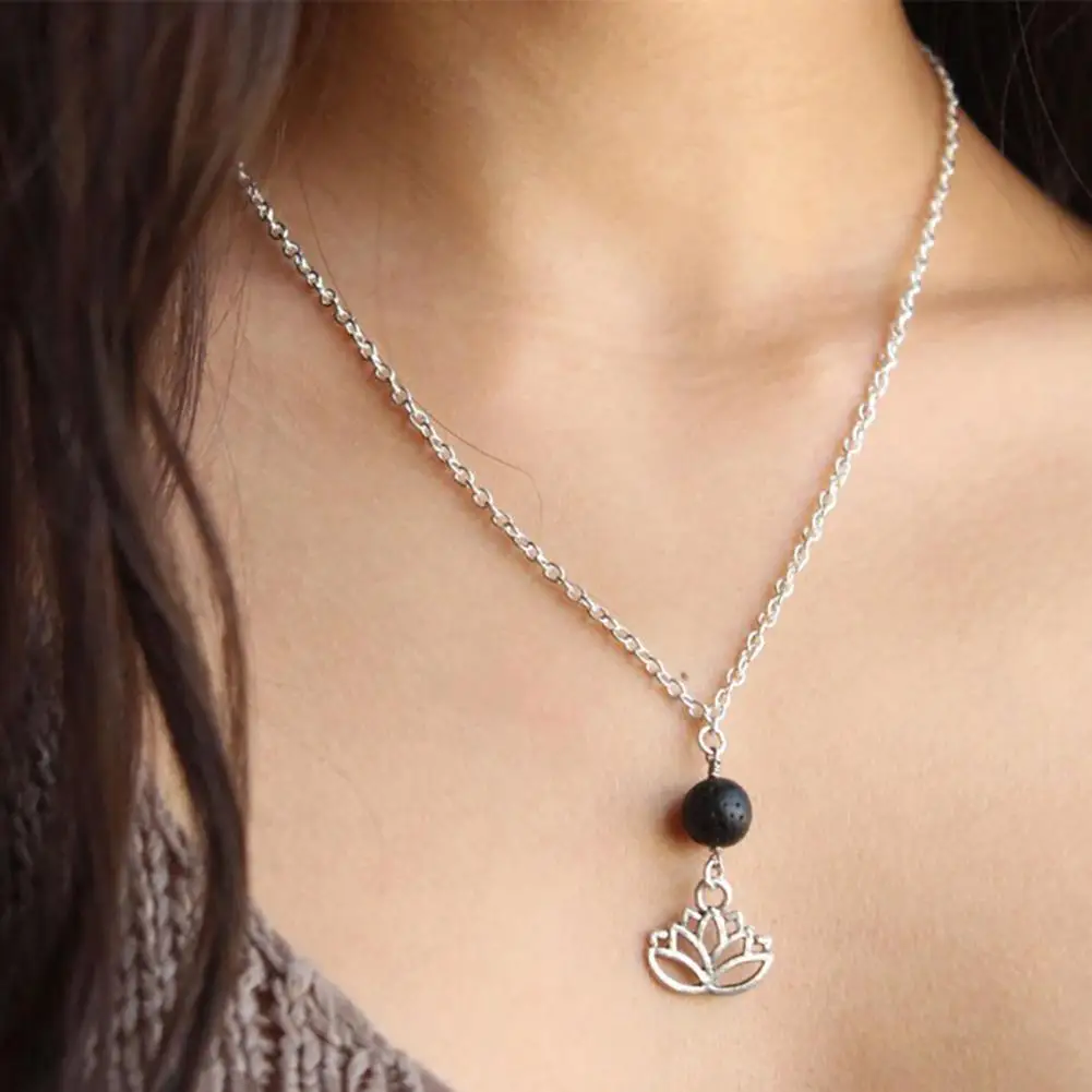 

Fashion Women Faux Lava Stone Bead Hollow Lotus Pendant Chain Necklace Jewelry Wholesale
