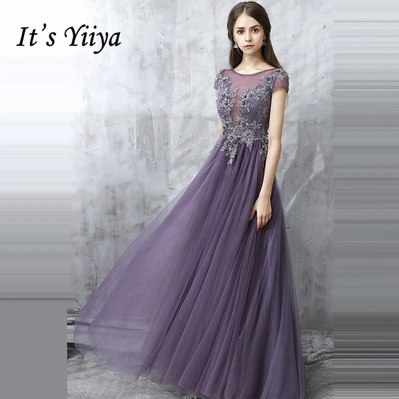 

It's Yiiya Evening Dresses 2018 O-Neck Short Sleeve Flower Lace Floor Length Fashion Illusion Elegant Formal Dress LX1035