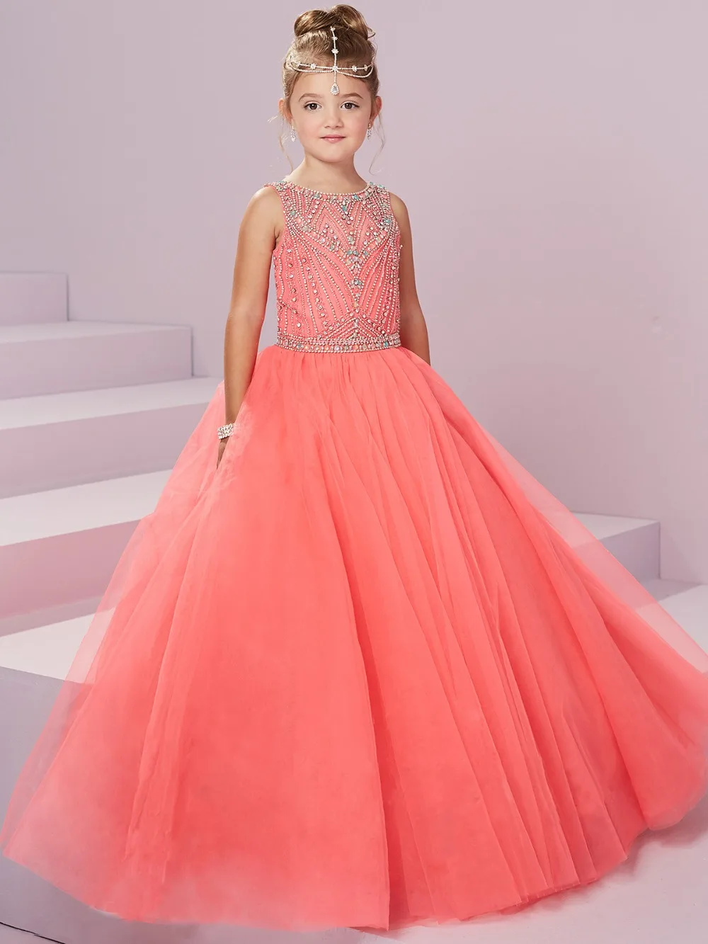 Sexy Crystal Coral Girl Pageant Dresses 2017 Sleeveless Holy Communion