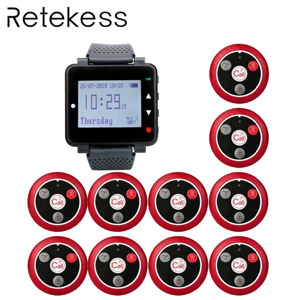 

RETEKESS Wireless Waiter Calling System For Restaurant 1 Black Watch Receiver + 10 Call Button Customer Service Wireless Pagers