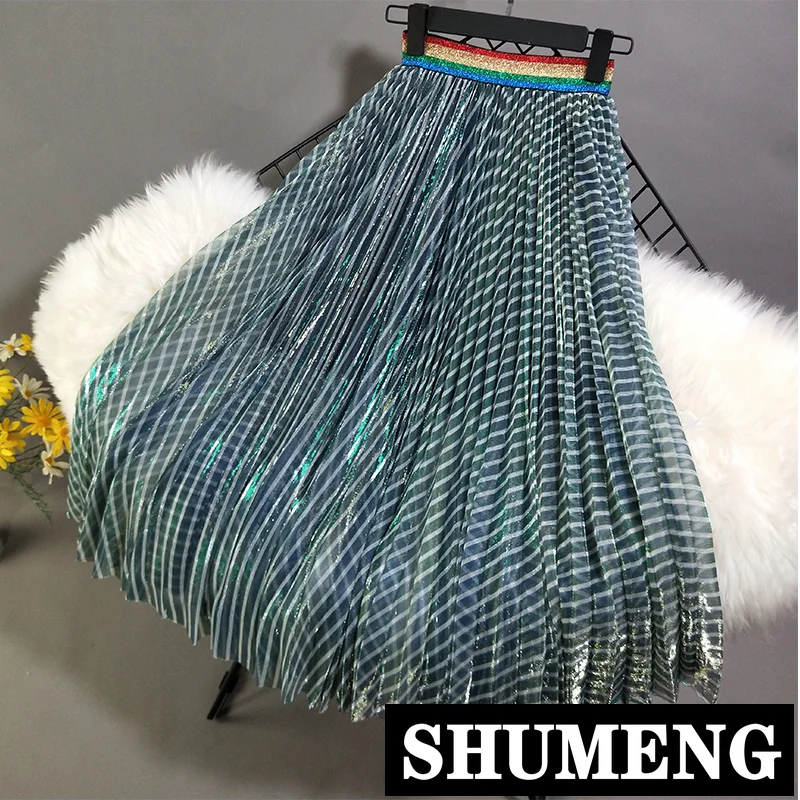 Новинка лета, женские плиссированные юбки в зеленую полоску, высокая талия, большие качели, элегантная газовая юбка для девушек, студенток