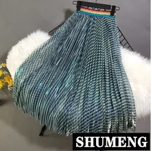 Новинка лета, женские плиссированные юбки в зеленую полоску, высокая талия, большие качели, элегантная газовая юбка для девушек, студенток