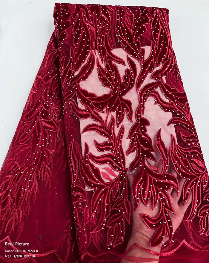 Твердо камни мягкий бархат, вышивка французского кружева в африканском стиле швейной тюль кружевной ткани высокого качества 5 ярдов - Цвет: red