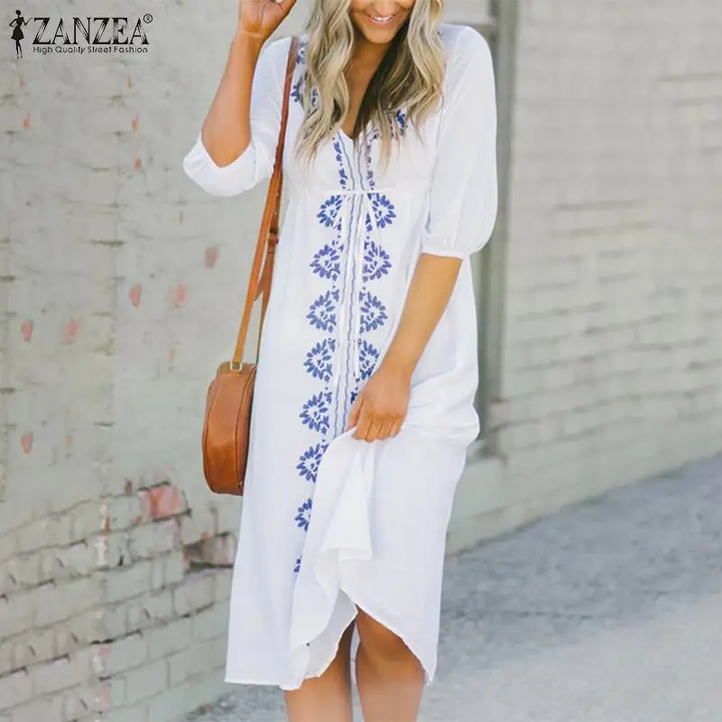 

Women Casual Bohemian Printed Sundress ZANZEA 2019 Summer Fashion Party Vestidos Sexy V Neck Short Sleeve Long Dress Femme Robe