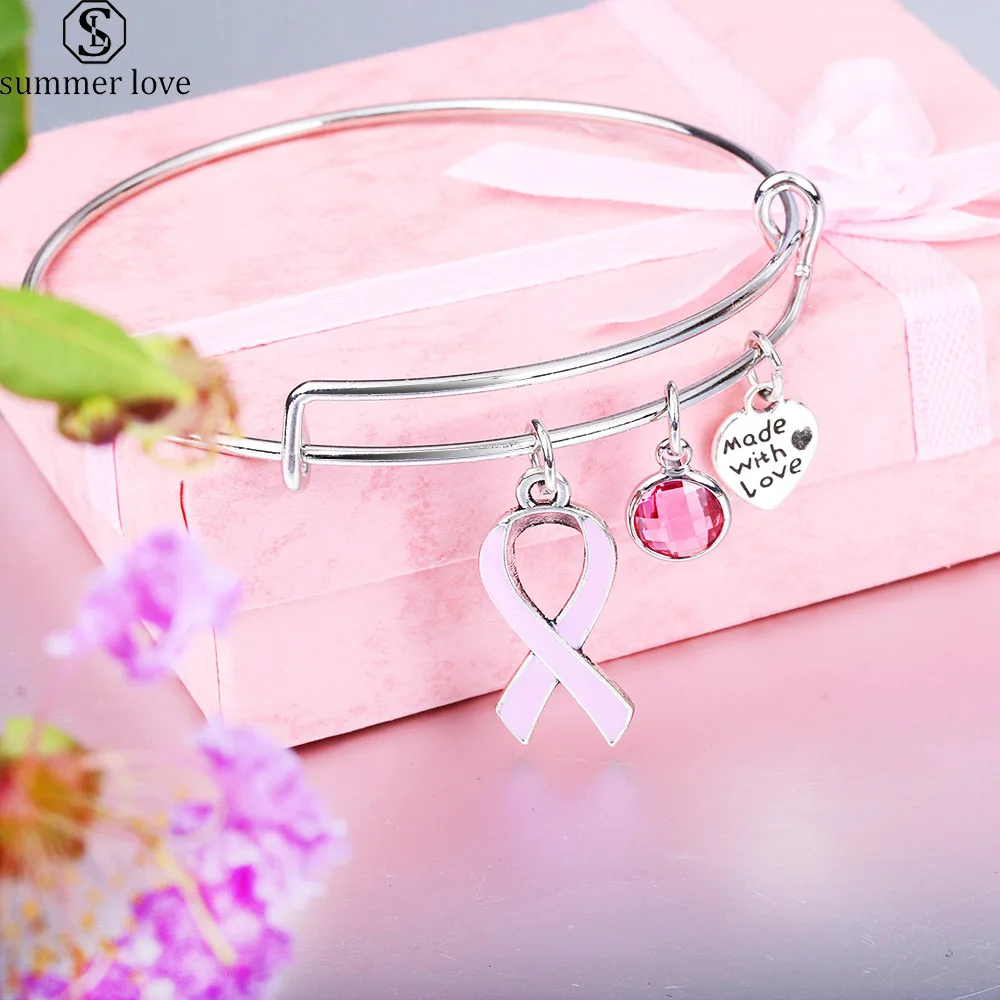 

Ribbon Breast Cancer Jewelry Pink Birthstone Bracelet Made With Lovely Adjustable Bangle Charm Bracelet Jewelry