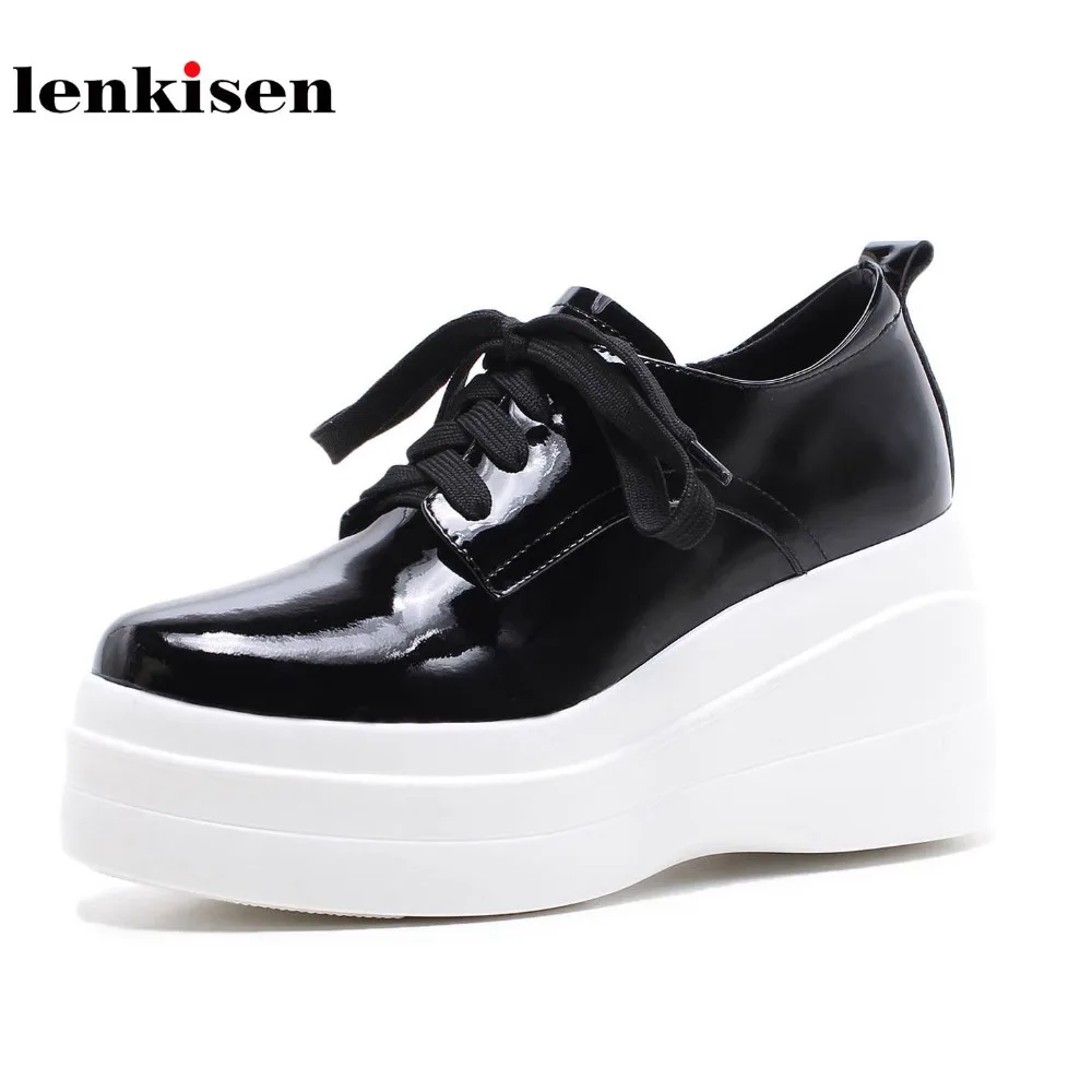 

Lenkisen 2018 cow leather lace up shoes solid high fashion super high heels platform European style women vulcanized shoes L12