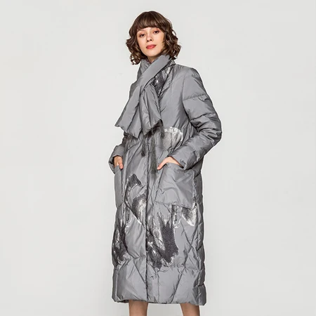YNZZU, китайский стиль,, зимняя куртка, женская, элегантная, с принтом, очень длинная, свободная, женский пуховик с шарфом, теплое пальто O630 - Цвет: Серый