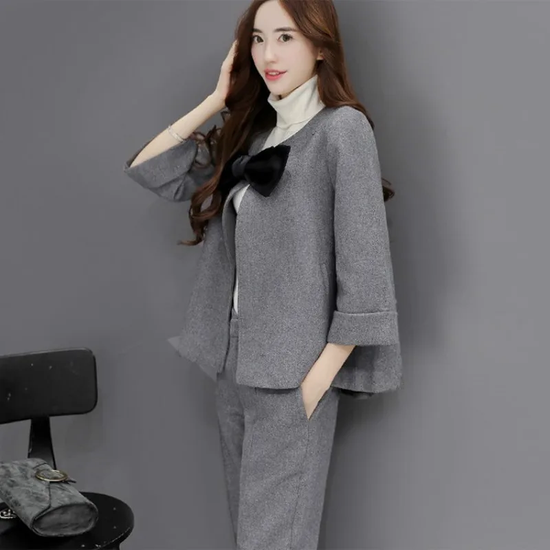 

Winter Suit Jacket Female Pants Sets Women Fashion Ladies Three Quarter Sleeve Two Piece Set Woolen Top and Pencil Trousers