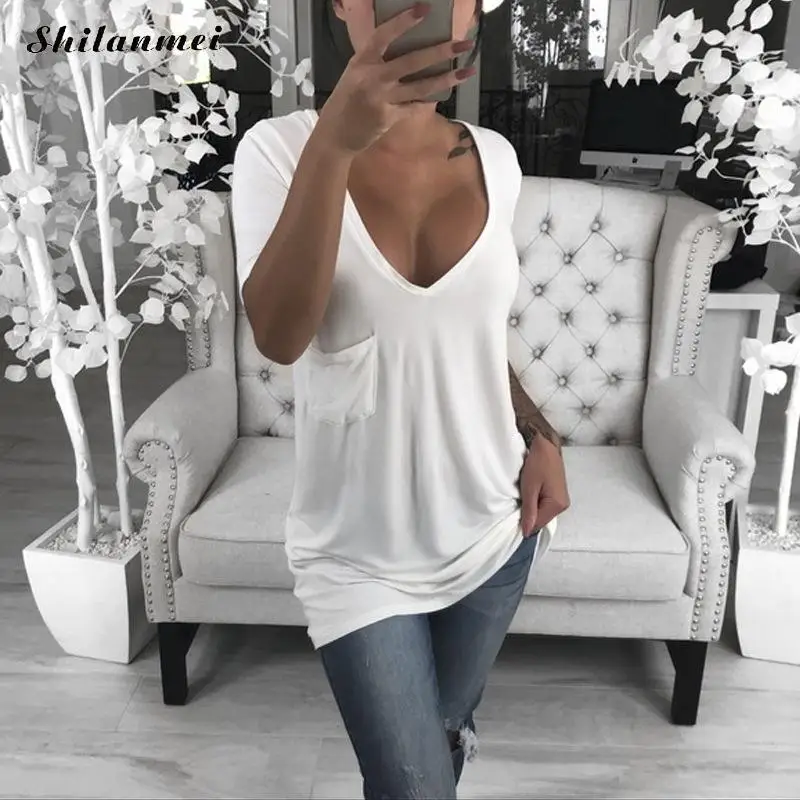 Плюс Размеры 5XL 4XL футболка Для женщин 2019 Sexy Глубокий V шеи летняя повседневная Femme