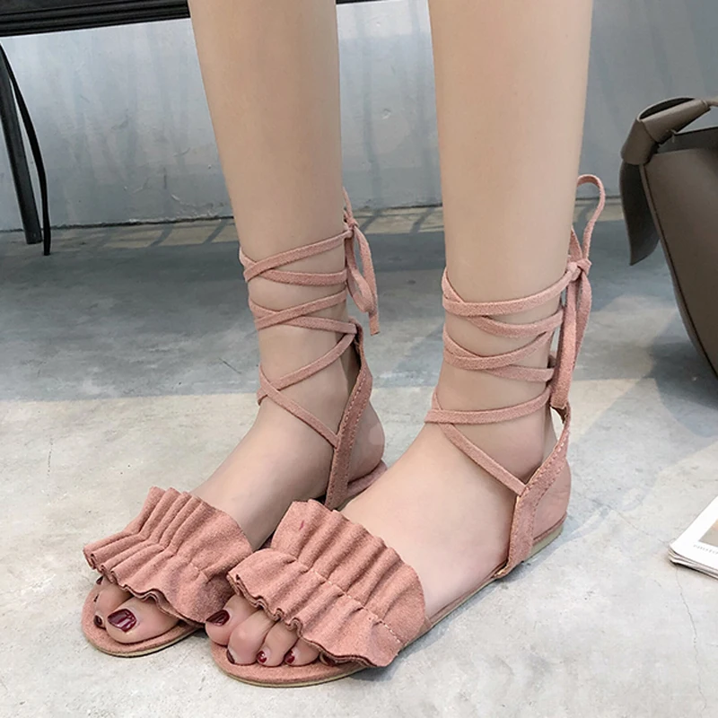 

2019 New Summer Gladiator Women Ankle Strap Sandals Slip On Cross-tied Flat Slippers Fashion Solid Ladies Flat Shoes XWZ5727
