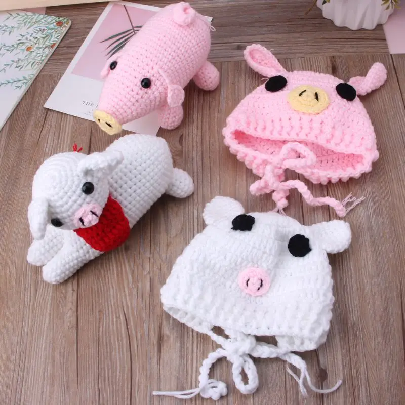 

2019 Piggy and Baby Cap Infant Photography Accessories Newborn Photography Props Baby Hat Girl Boy Beanies Crochet Knit Costume