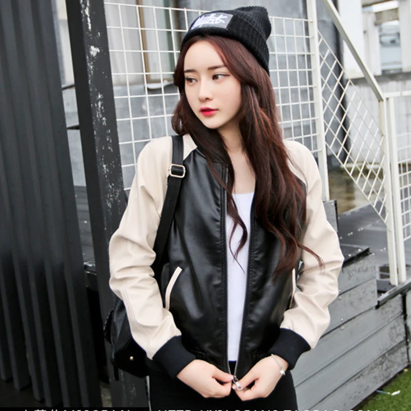 

2019 New Spring Womens Jacket Women's Jacket Slim Denim Baseball Jacket Short Patchwork Leather Jacket Autumn Coat Outerwear