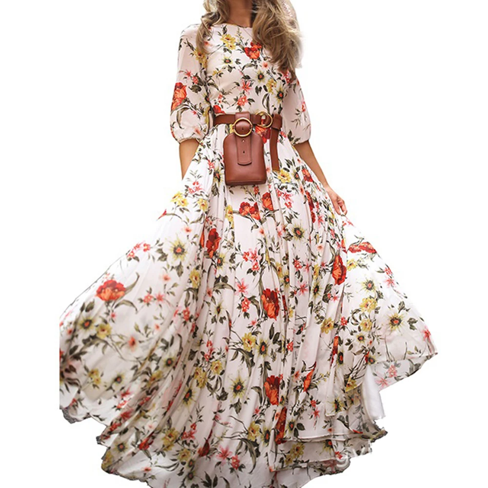 Женское летнее длинное платье макси в стиле бохо, Элегантные Вечерние Платья с цветочным принтом, Пляжное Платье с круглым вырезом и рукавом средней длины, свободное платье, сарафан, халаты
