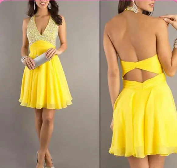 2015 brillo juvenil Halter amarillo vestidos cóctel con cuentas Backless  Prom vestidos del partido imperio vestido corto Mini|mini club  dress|dresses embroiderymini poster - AliExpress