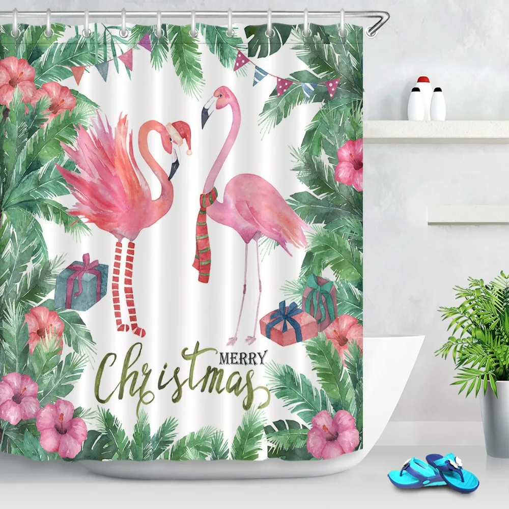 

3pcs/lot US Warehouse 72''Christmas Shower Curtain Flamingo Leaf & Flower Bathroom Waterproof Polyester Fabric For Bathtub Decor