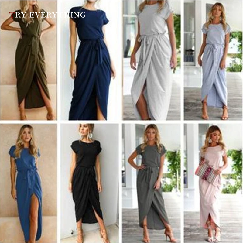 

Women Summer Dress 2019 Asymmetrical Short Sleeve Blue Casual Dress Black Sashes Tunic Split Ladies Long Dresses Women Summer