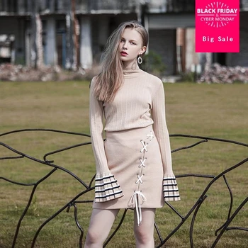 

Fashion brand Autumn and winter hit color long flare sleeve knit sweater + knit skirts two-piece sets wq68 dropship