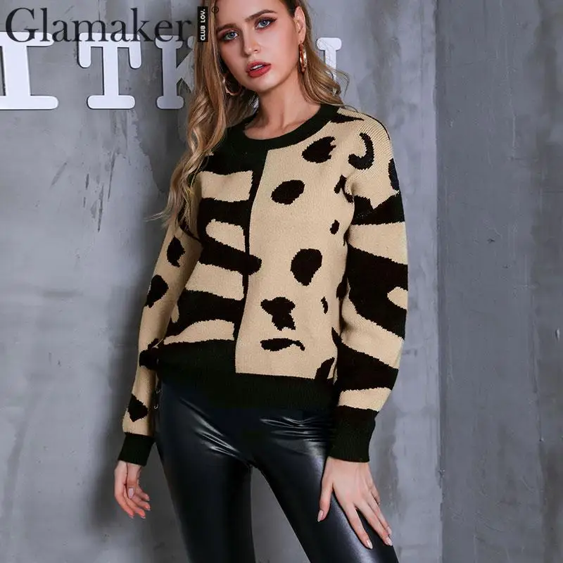 

Glamaker Khaki patchwork knitted sweater Women autumn long sleeve pull jumper sweater Female fashion winter outwear pullover new